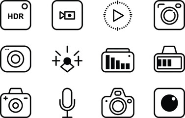 Collection of camera and video icons representing photography and multimedia features with a modern feel.