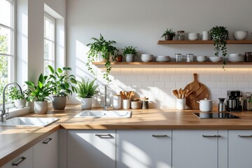 Bright modern kitchen with wooden countertop, white cabinets, green potted plants, and open shelves displaying kitchenware in natural daylight.