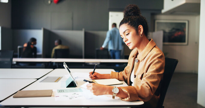 Entrepreneur, woman or writing with paperwork in office for business structure, startup ideas or notes. Professional, person or brainstorming process for funding proposal, new opportunity or planning