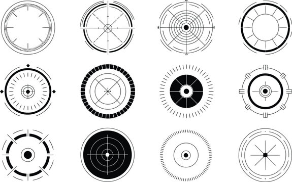 Collection of black and white circular vector icons featuring crosshairs and target symbols