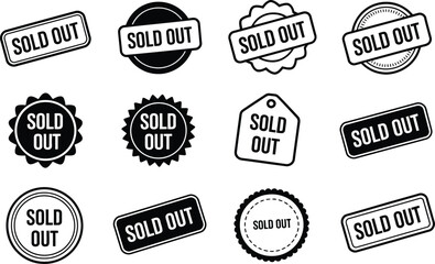 Fototapeta premium Diverse assortment of black and white sold out badges and labels for sales and marketing.