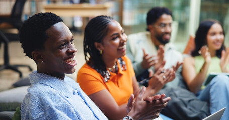 Applause, teamwork and people in office with celebration for creative internship with job opportunity. Clapping hands, happy and group of magazine editors with achievement in collaboration at agency.