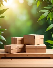 A neatly arranged stack of various-sized cardboard boxes sits atop a rustic wooden table, showcasing their textured surfaces and natural hues.