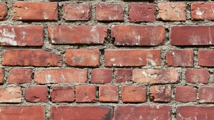 Obraz premium Close-up view of weathered, red-brown brick wall with concrete mortar