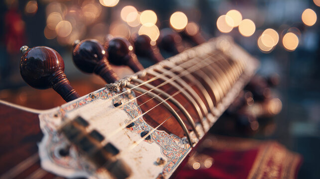 Close-up of sitar strings, Indian musical instrument, bokeh background, cultural performance.