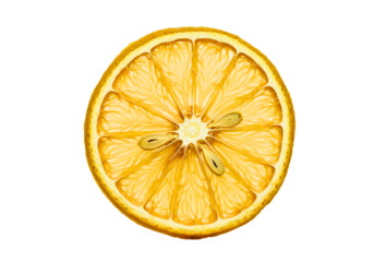 Close up of a translucent lemon slice with seeds isolated on transparent background