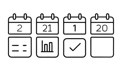 Simple calendar icons with checklist and graph symbols