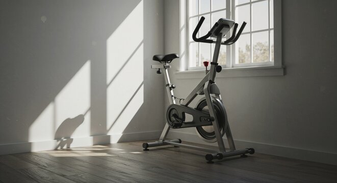 Exercise bike positioned in a sunlit room by the window  