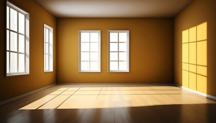 Fototapeta premium Interior space with sunlight, windows and golden walls in the background