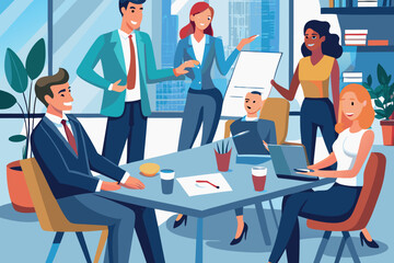 Business team collaborating in a modern office setting