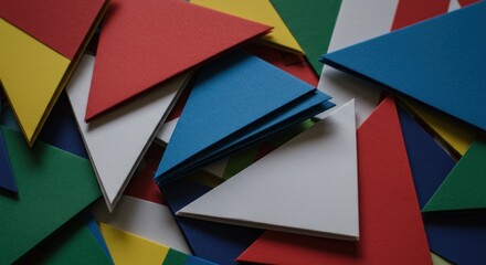 Colorful paper triangles scattered on a surface, showcasing vibrant hues for creative projects