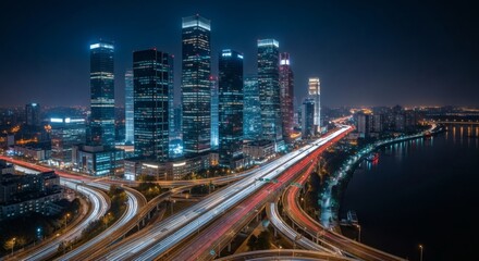 Naklejka premium Night Metropolis Illuminated Cityscape with Dynamic Highway Intersections
