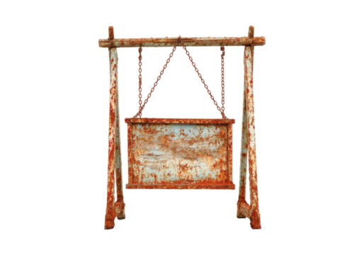 Rusty swinging metal sign old weathered wood frame, On Transparent Background, Png Image