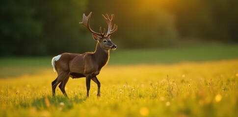 Majestic mule deer buck, golden hour light, green meadow, sunrise, wild