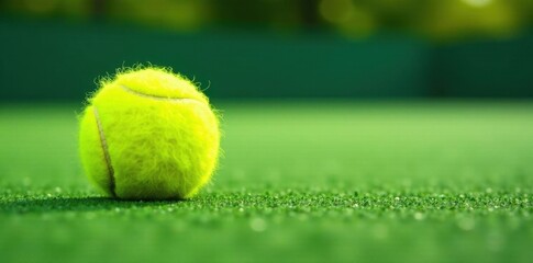 Fuzzy yellow tennis ball on green grass court, macro, blurry, background