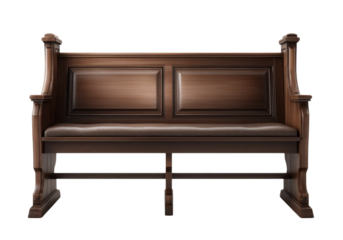 Elegant dark wood church pew bench seat isolated, On Transparent Background, Png Image