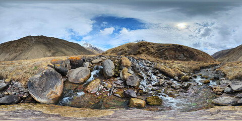 360 Spherical Panorama of Mountain river with rocks at springtime in mountain gorge at sunny...