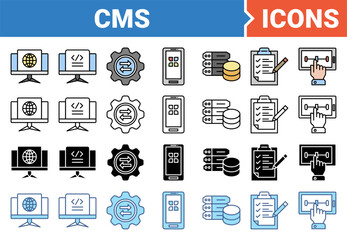 Content management system banner icon set with multiple style collection.