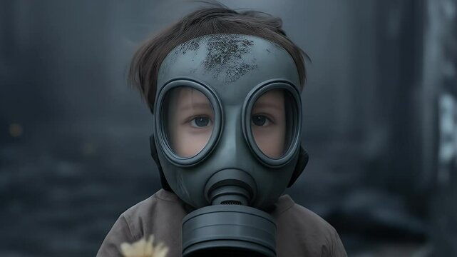 Child wearing gas mask in dark and smoky environment highlighting safety issue in dramatic photography