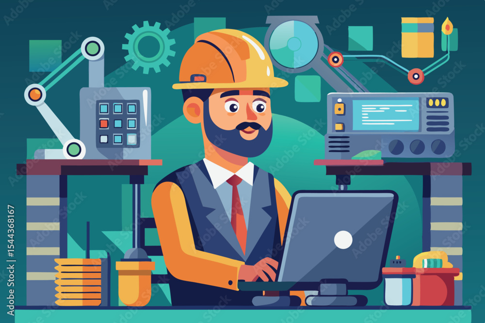 Poster Engineer working in a modern workshop, utilizing technology for design and automation tasks during the day