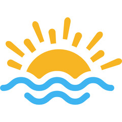 Sunset Over Ocean with Waves. Summer Beach Vector Icon