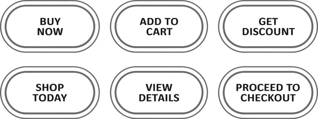 Six ecommerce buttons with various call to actions including buy now add to cart and checkout