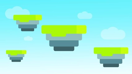 Multiple floating landmasses with grass tops and blue shaded rock bases suspended in a clear sky with soft clouds, - Powered by Adobe