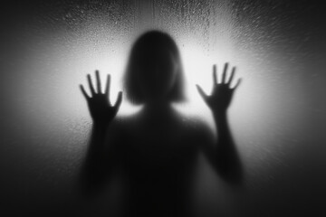 Abstract image of a blurred figure behind a translucent screen. Evokes emotion, mystery, isolation, and psychological depth. Artistic concept with soft light and minimalism.