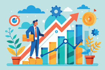 Naklejka premium Business professional stands on coins with growth charts and gears in a modern workspace promoting financial success and innovation