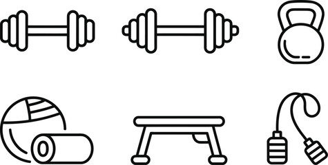 Simple and stylized vector illustrations of workout equipment for fitness and exercise activities