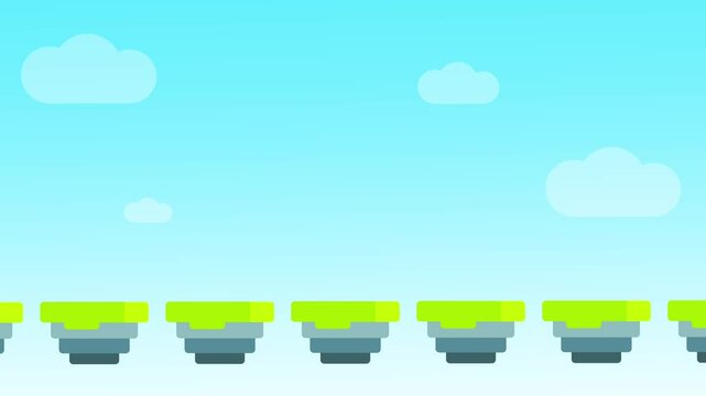 Bright blue sky with scattered clouds and flat floating grassy islands, giving a clean and structured platformer game vibe