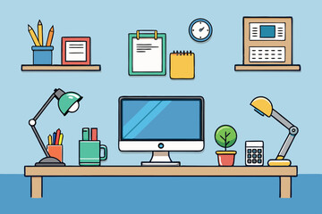 Workspace design featuring computer, desk accessories, and plants in a modern, organized environment