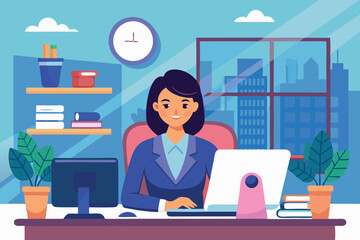 Young professional woman working at a modern office desk with city view during daytime hours