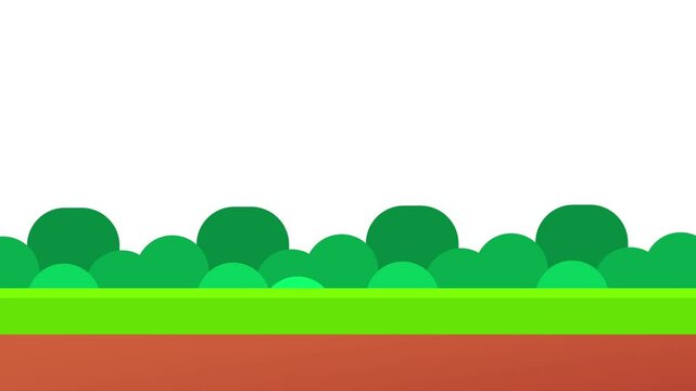 A flat landscape with dark soil and stylized green bushes against a light gray sky, evoking a clean and minimal forest edge
