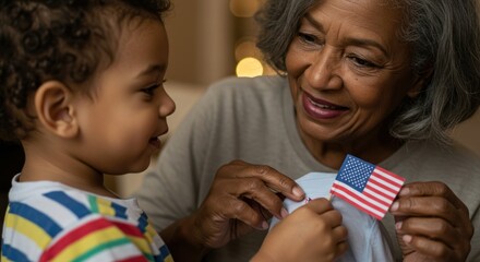 Grandmother and grandson joyfully preparing a patriotic shirt with a flag patch