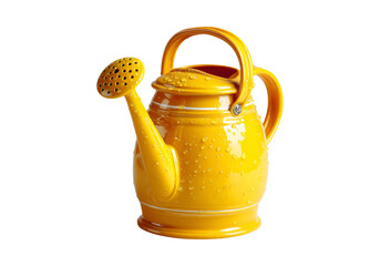 Yellow watering can with water droplets garden tool, On Transparent Background, Png Image