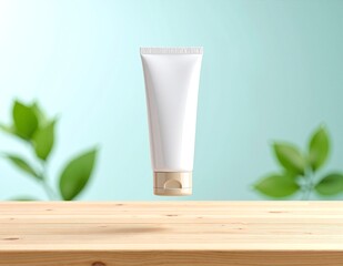 A sleek white tube rests elegantly on a rustic wooden table, its smooth surface contrasting beautifully with the rich, textured grain of the wood.