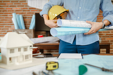 Architect engineer office concept. Architecture engineering plan. Construction plans.