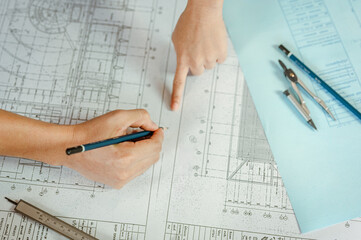 Architect engineer office concept. Architecture engineering plan. Construction plans.