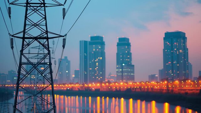 Peak energy strains the grid. Urban skyline with power lines at dusk	
