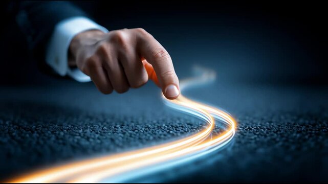 Leader presents start up project A hand tracing a glowing path on a dark surface.	
