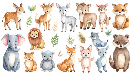 Fototapeta premium Woodland animal clipart with watercolor fox, hedgehog, and squirrel, ideal for kids' nature themes. 