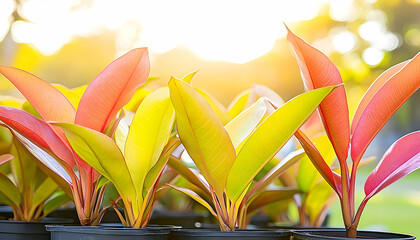 Vibrant young plants with red and yellow leaves in black pots ba