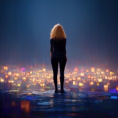 Woman facing city lights at night
