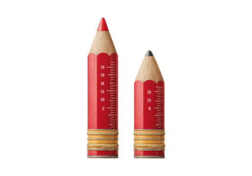 Large and small red pencils with measurement markings, On Transparent Background, Png Image