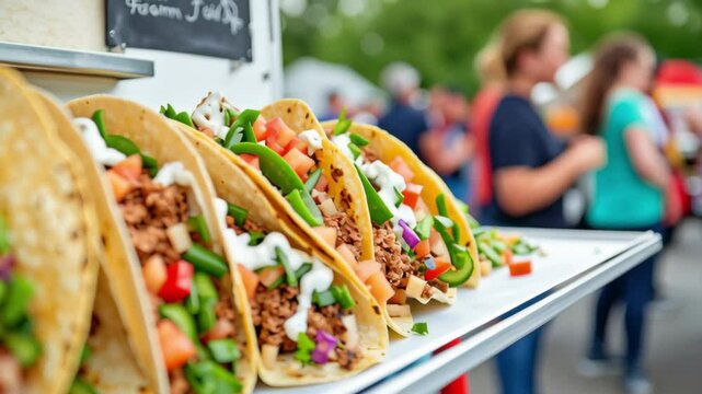 Food trucks offer gourmet cuisine on-the-go. Delicious tacos displayed at a vibrant food truck event.	
