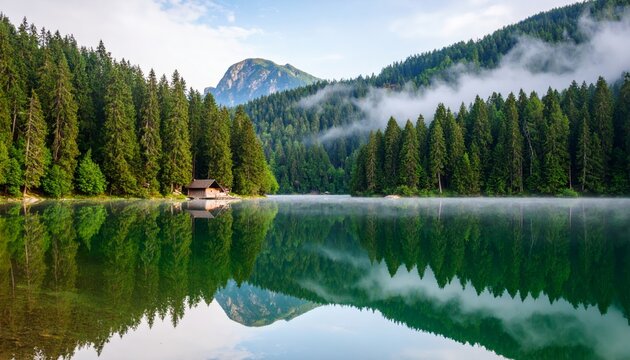 Serene mountain lake with pine tree reflections in the mist
