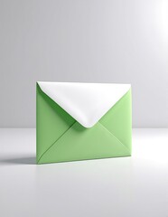 A classic white envelope partially opened, revealing a vibrant green sheet of textured paper nestled inside, hinting at a special message or invitation.