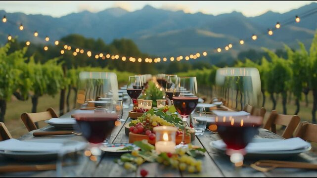 A wine tasting event features diverse flavors and elegant decor. Outdoor vineyard dinner setting with wine and fruits at sunset.	
