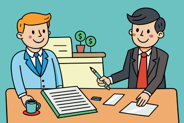 Business meeting between two professionals discussing financial plans in a modern office setting